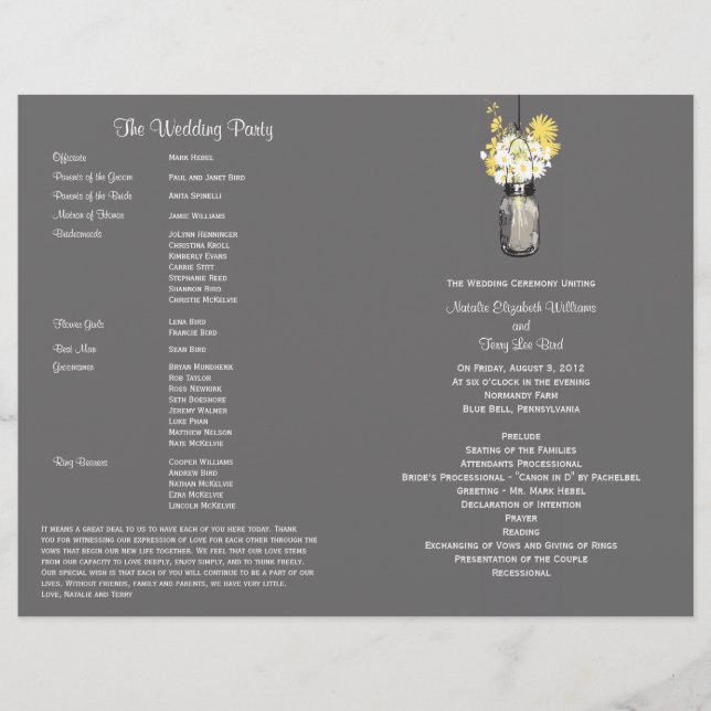 Mason Jar und Wildblume Hochzeitsprogramm (Vorderseite)