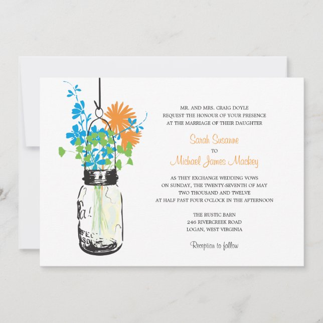 Mason Jar und Wildblumen Einladungen Hochzeiten (Vorderseite)