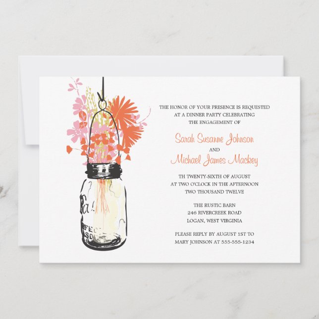 Mason Jar und Wildblumen Hochzeiten Verlobung Einladung (Vorderseite)