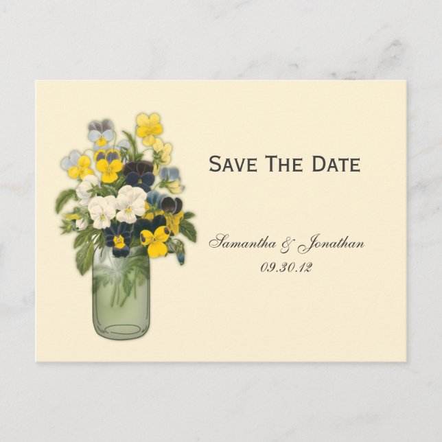 Mason Jar Violas Stiefmütterchen Save the Date Ankündigungspostkarte (Vorderseite)
