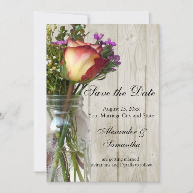 Mason Jar w/Rose/Wildblumen Save the Date (Vorderseite)