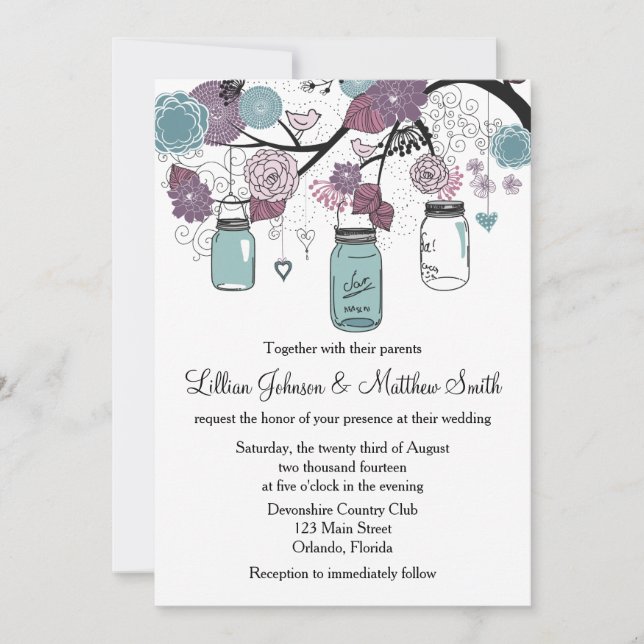 Mason Jar Wedding Einladung - Lila und blau (Vorderseite)