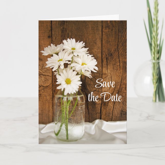 Mason Jar White Daisies Barn Wedding Save the Date Ankündigung (Vorderseite)