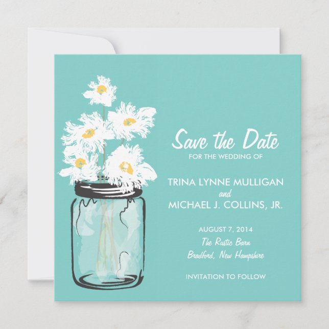 Mason Jar & White Daisies Save the Date (Vorderseite)