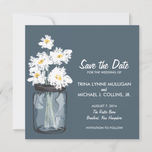 Mason Jar & White Daisies Save the Date (Vorderseite)