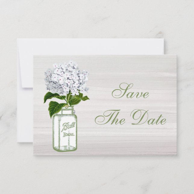 Mason Jar & White Hydrangea Save the Date Hochzeit (Vorderseite)
