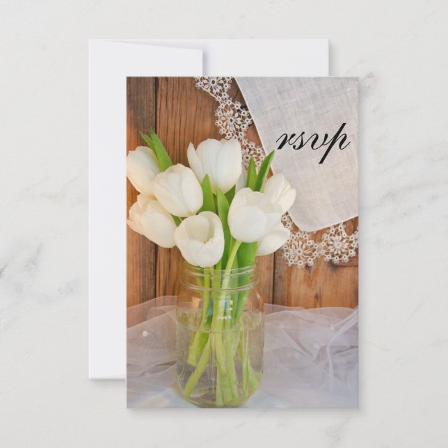 Mason Jar White Tulips Country Barn Wedding RSVP (Vorderseite)