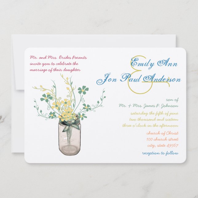 Mason Jar Wild Blume Sage und Senf Yellow Einladung (Vorderseite)