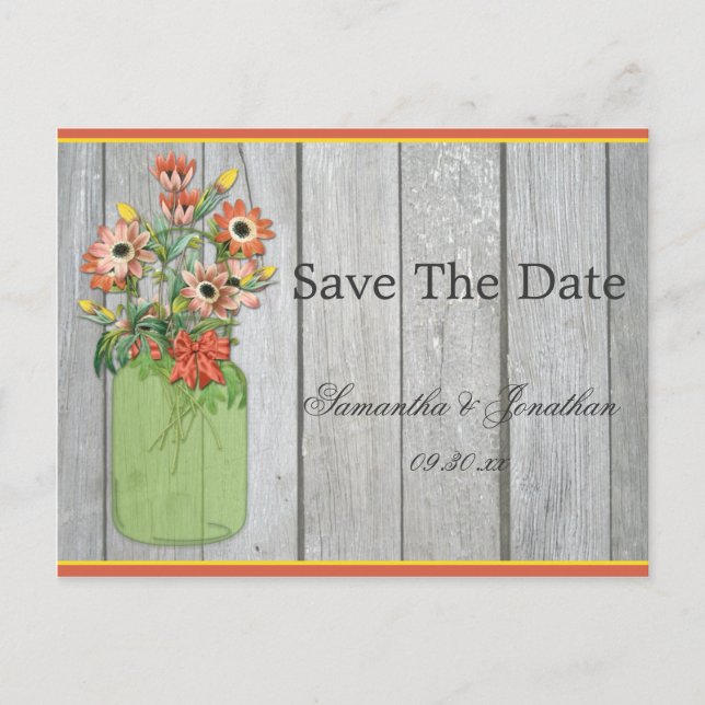 Mason Jar Wildblumen Barn Wood Save the Date Ankündigungspostkarte (Vorderseite)