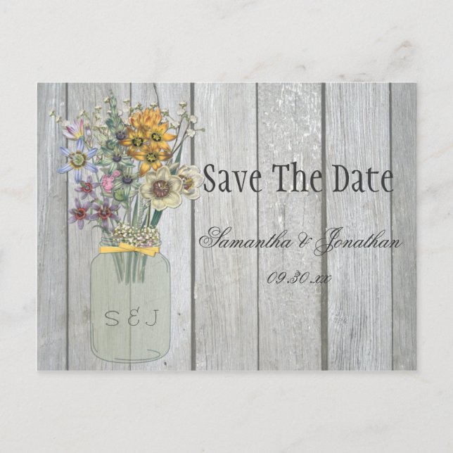 Mason Jar Wildblumen Barn Wood Save the Date Ankündigungspostkarte (Vorderseite)