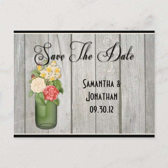 Mason Jar Wildblumen Holzplatten Save the Date Ankündigungspostkarte (Vorderseite)