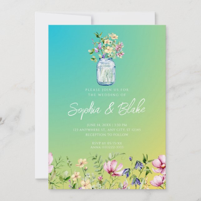 Mason Jar Wildblumen Rustic Ombre Green Wedding Einladung (Vorderseite)