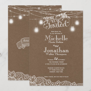 Mason Jars Lights Lace Rustikale Hochzeitseinladun Einladung
