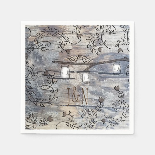 Mason Jars & Love Birds Rustikale Branchensehen Serviette (Vorderseite)