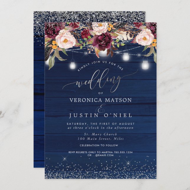 Mason Jars Rustic Wood Navy Blue+Burgundy Blume Einladung (Vorne/Hinten)