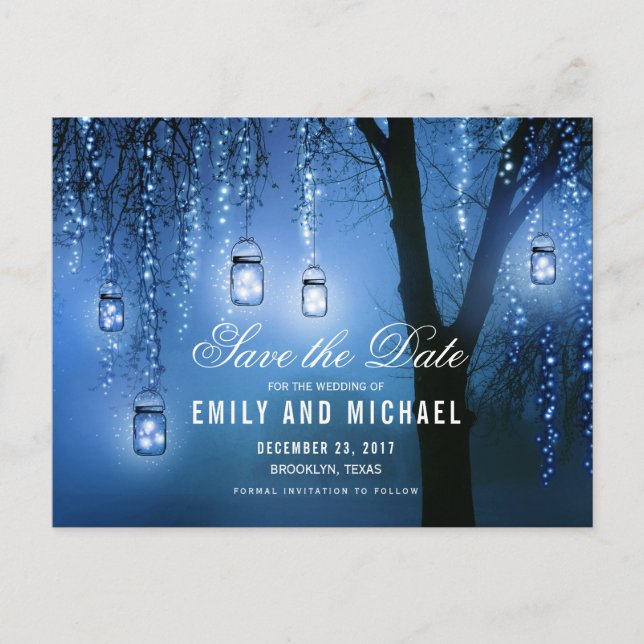 Mason Jars String Lights Elegant Save the Date Ankündigungspostkarte (Vorderseite)