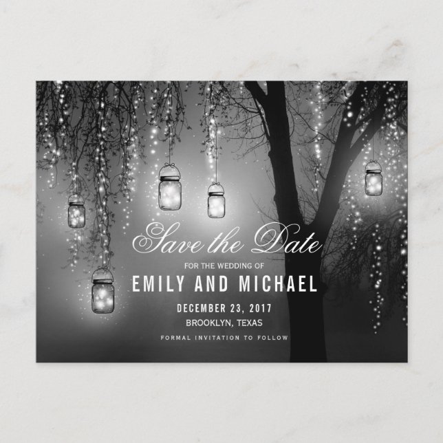 Mason Jars String Lights Elegant Save the Date Ankündigungspostkarte (Vorderseite)