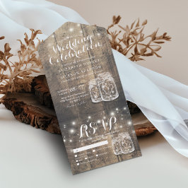 Mason Jars String Lights Rustic Wood Wedding RSVP All In One Einladung