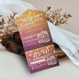 Mason Jars String Lights Rustic Wood Wedding RSVP All In One Einladung