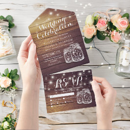 Mason Jars String Lights Rustic Wood Wedding RSVP All In One Einladung