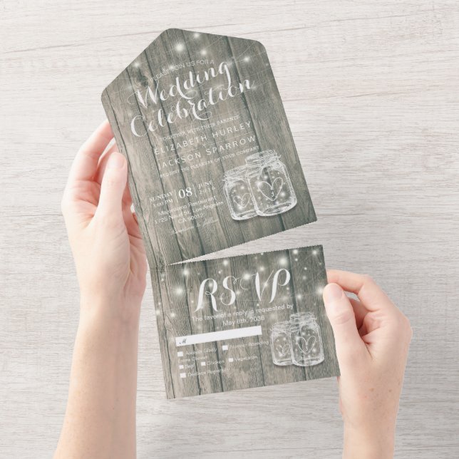 Mason Jars String Lights Rustic Wood Wedding RSVP All In One Einladung (Abreißen)