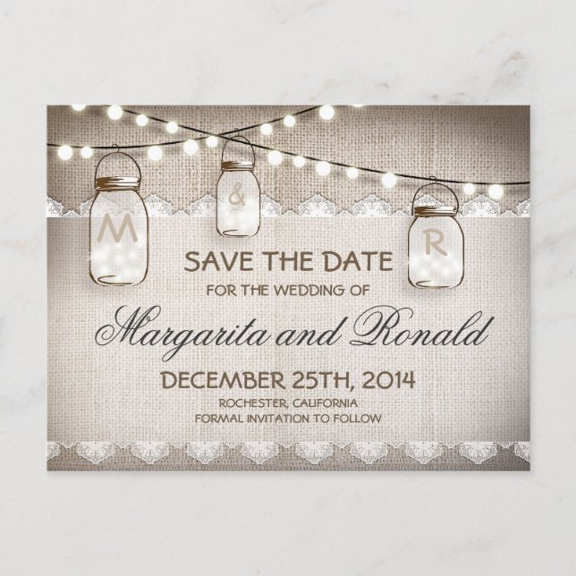 Mason Jars und Burlap Lace Save the Date Ankündigungspostkarte (Vorderseite)