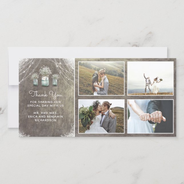 Mason Jars und Gipskraut Rustikale Hochzeit Dankeskarte (Vorderseite)