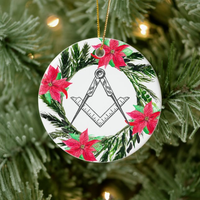Masonic Freemason Masonry Wreath Poinsettia Keramik Ornament (Baum)