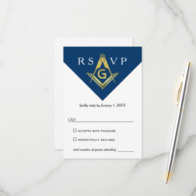 Masonic Navy Blue und Gold Elegante Freemason RSVP Karte (Vorderseite/Rückseite Beispiel)