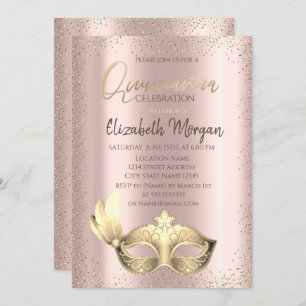 Masque, Confetti Rose Gold Quinceñera Einladung