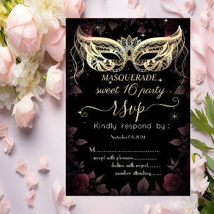 Masque Dark Burgundy Rosen Schwarz 80 Süß 16 RSVP Einladung