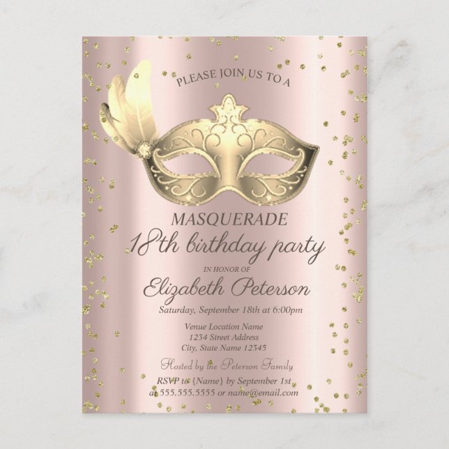 Masque Diamonds Rose Gold Masquerade18. Geburtstag Einladungspostkarte (Vorderseite)