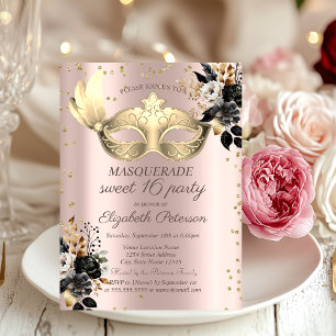 Masque Diamonds Schwarze Rose Rose Gold Sweet 16 Einladung