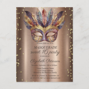 Masque Feathers Gold Diamonds Kupfer Sweet 16 Einladungspostkarte