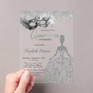 Masque Glitter Kleid Tropfen Silber Quinceanera Acryleinladungen