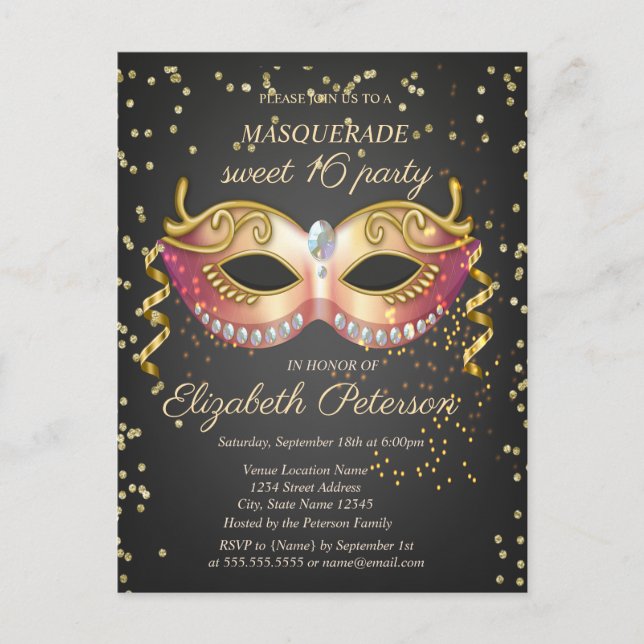 Masque, Gold Diamanten Masquerade Sweet 16 Einladungspostkarte (Vorderseite)