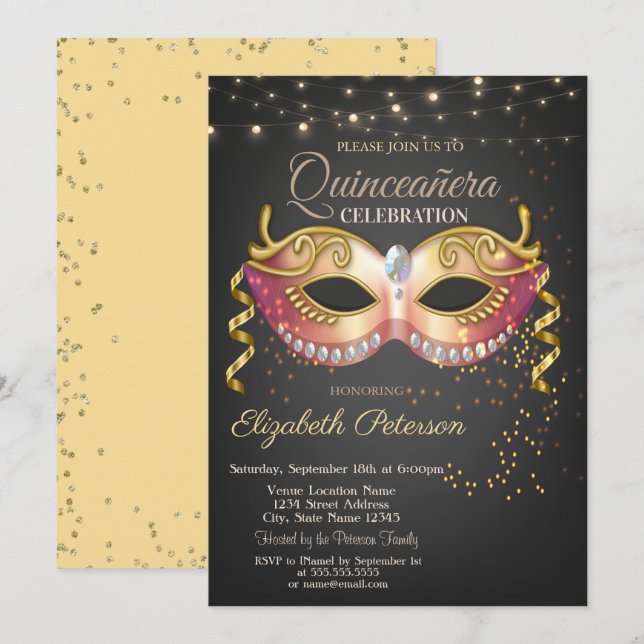 Masque, Licht, Diamanten Masquerad Quinceañera Einladung (Vorne/Hinten)