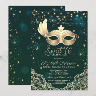 Masque,Lichterkette,Spitze,Sterne Grün Sweet 16 Einladung