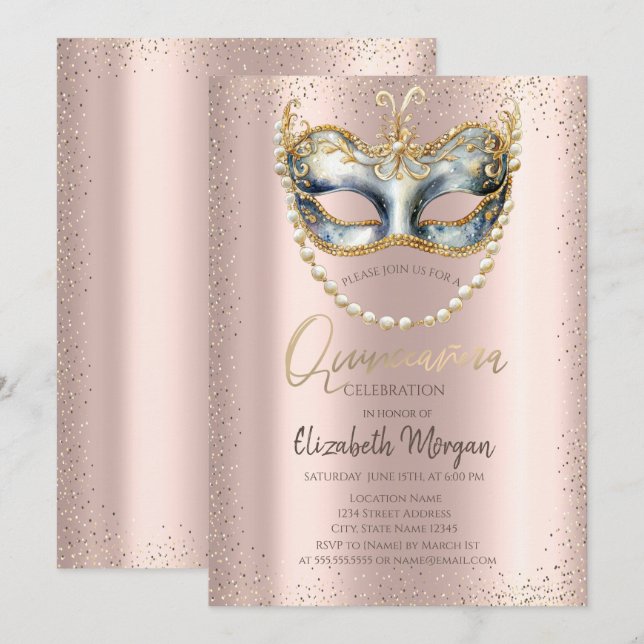 Masque, Perlen Confetti Rose Gold Quinceñera Einladung (Vorne/Hinten)