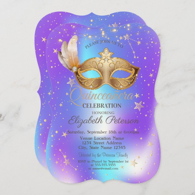 Masque Stars Holographic Quinceañera Einladung (Vorne/Hinten)