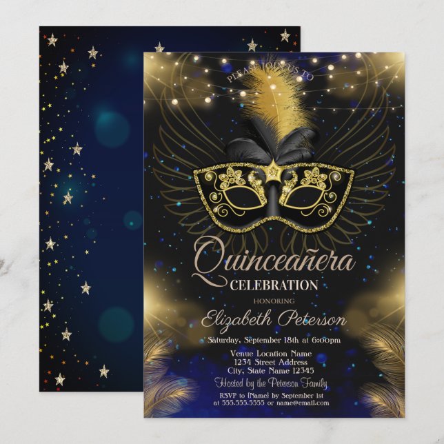 Masque, String Lights, Stars Blue Quinceañera Einladung (Vorne/Hinten)