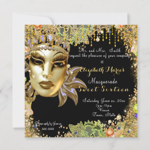 Masquerade, 16 . Geburtstag, Gold Glitzer Lace Einladung