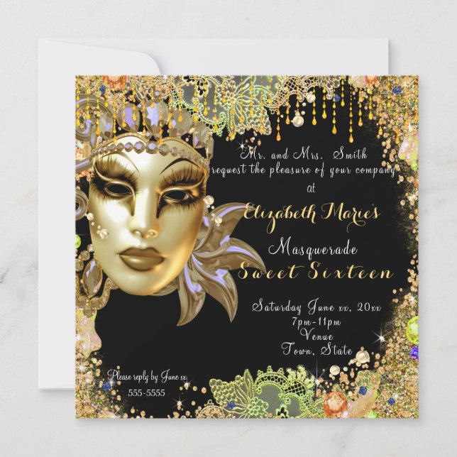 Masquerade, 16 . Geburtstag, Gold Glitzer Lace Einladung (Vorderseite)