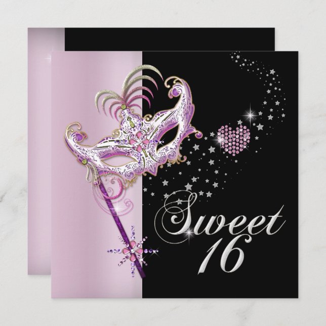 Masquerade 16 . Geburtstag Sweet 16 Pink Black Einladung (Vorne/Hinten)