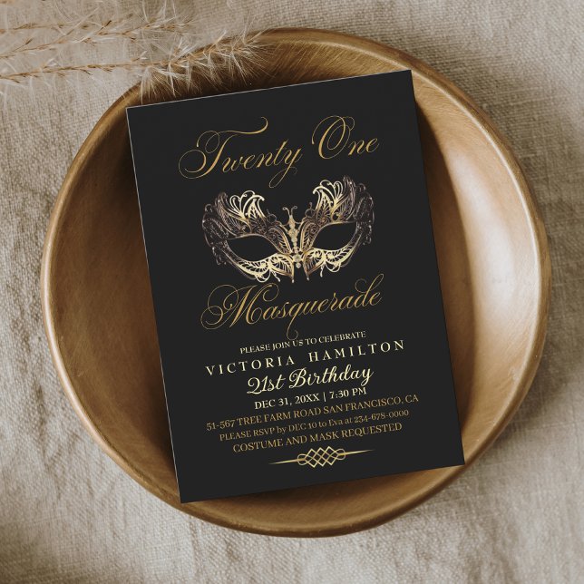 Masquerade 21. Geburtstag Black Gold Maske Einladung (Von Creator hochgeladen)