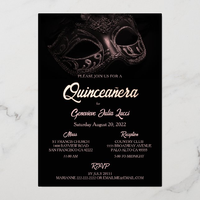Masquerade Ball Foil Quinceanera Party Einladung (Vorderseite)