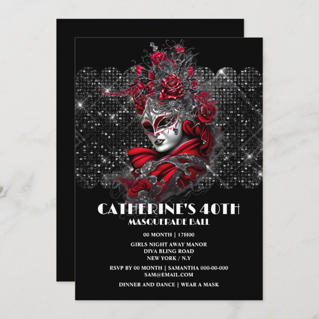 Masquerade Ball Geburtstag Venezianische Maske Ros Einladung (Vorne/Hinten)