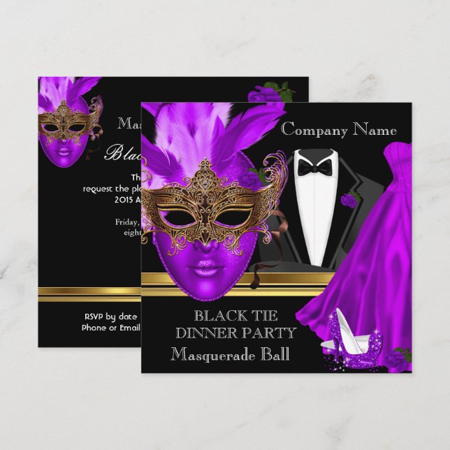 Masquerade Ball Lila Black Krawatte Party Einladung (Vorne/Hinten)