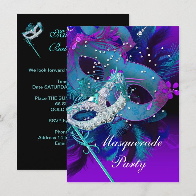 Masquerade Ball Party Aquamarin Blau Lila Masken Einladung (Vorne/Hinten)