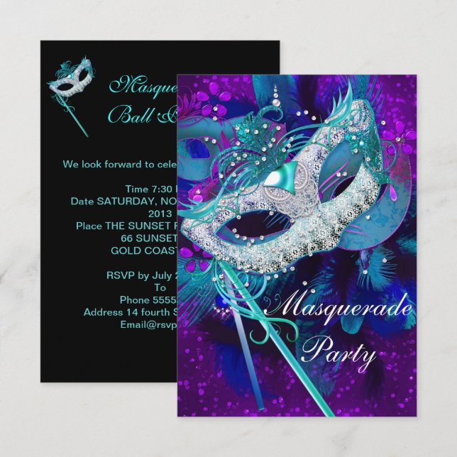 Masquerade Ball Party Aquamarin Blau Lila Masken S Einladung (Vorne/Hinten)